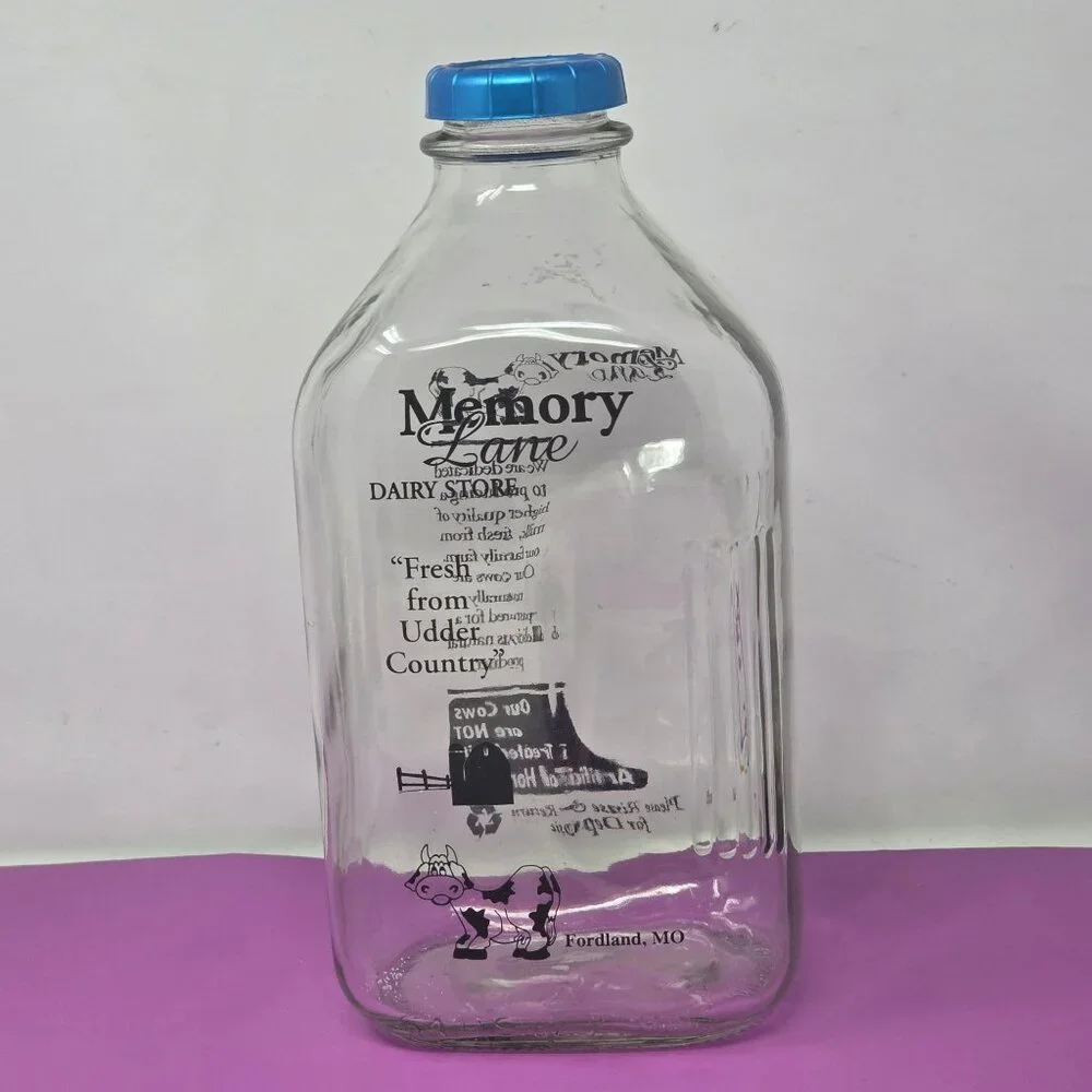 Clear Glass Milk Bottle W/ Blue Cap Memory Lane Dairy Store 64 Oz Stanpac Design